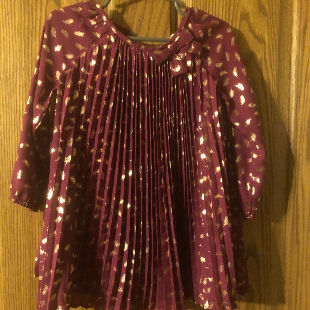 Maroon and gold feather print pleated dress